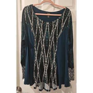 Style & Co Tunic Top 2X Teal Black White Print Beaded Neckline Long‎ Sleeve NWT
